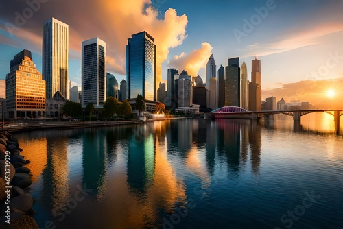 city reflection in water at sunset