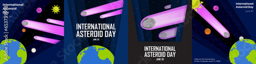 International Asteroid Day Concept Collection. Paper art and origami solar system with asteroids and comet. Celebrated on June 30 on the anniversary of the Tunguska event. Vector Illustration.  photo