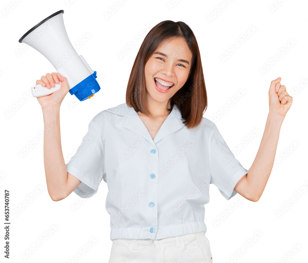 Beautiful Asian woman holding megaphone and shout with fists clenched celebrating victory expressing success on yellow background. Beautiful Asian woman holding megaphone and shout with fists clenched celebrating victory expressing success on yellow background.