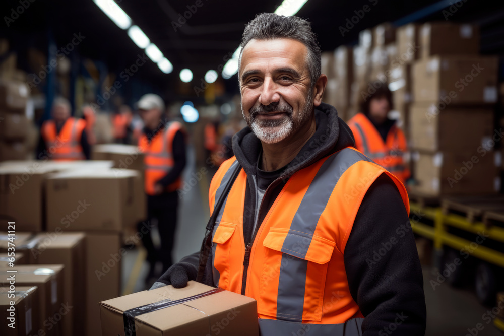 Male worker holding cardboard box standing in warehouse full goods. Logistics Distribution Center Male worker holding cardboard box standing in warehouse full goods. Logistics Distribution Center