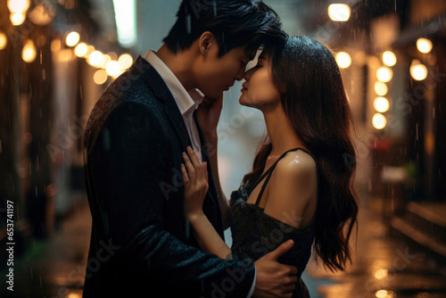 On a bustling city street, the raw, romantic connection between an Asian couple is palpable as they share a heartfelt embrace amidst the urban chaos..