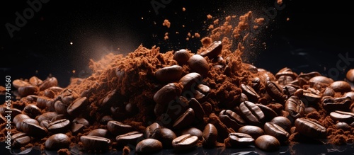 Coffee beans exploding on black backdrop