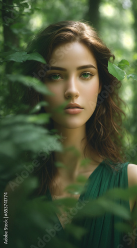 A woman in green forest.