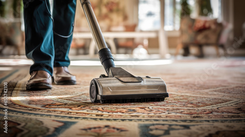 Efficient home cleaning with a powerful vacuum cleaner on the carpet photo