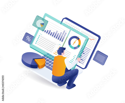 Men compile company analysis data