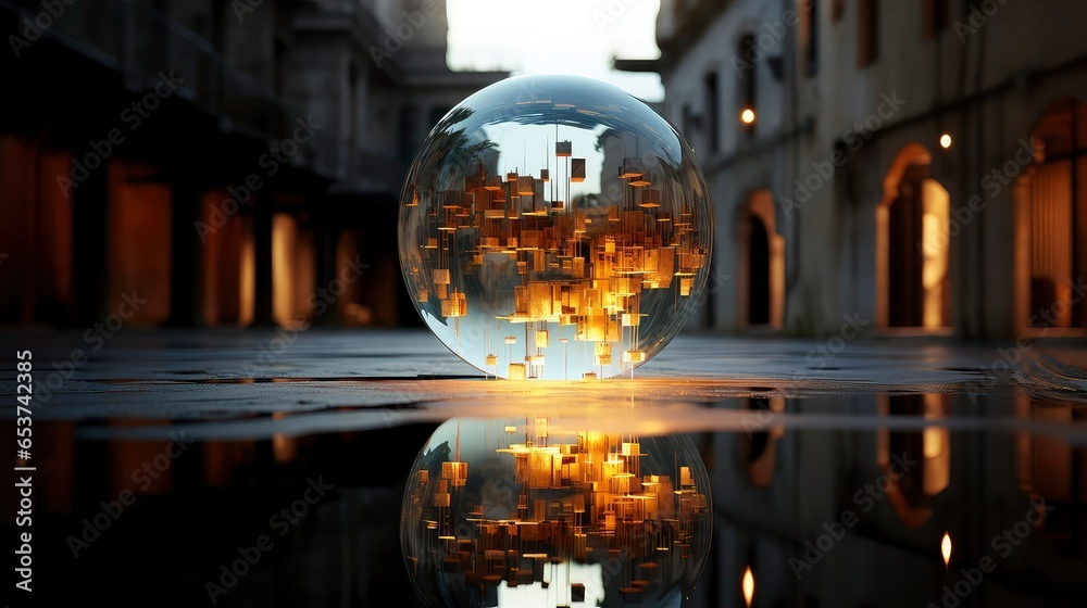 GLASS SPHERE REFLECTING IN THE WATER