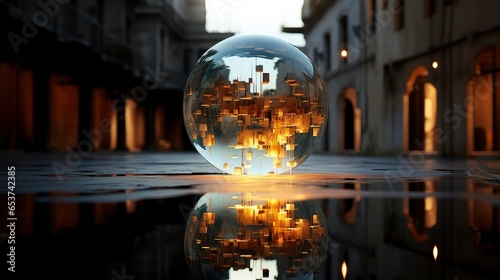 GLASS SPHERE REFLECTING IN THE WATER photo