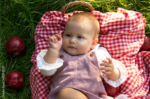 Cute baby on picnic in the park.