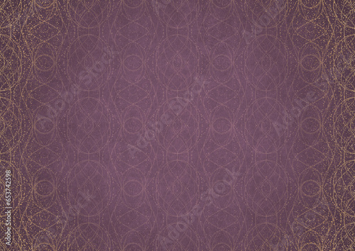 Hand-drawn abstract ornament. Light semi transparent pink on a purple back, with vignette of same pattern and sparks in golden glitter on a darker color. Paper texture. A4. (pattern: p10-2c)