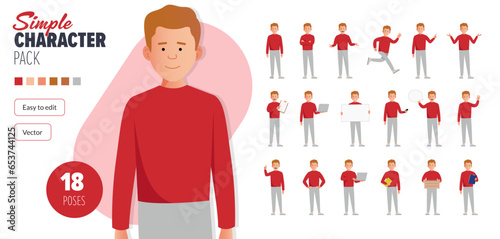 Simple flat red haired male vector character in a set of multiple poses. Easy to edit and isolated on a white background. Modern trendy style character mega pack with lots of poses.