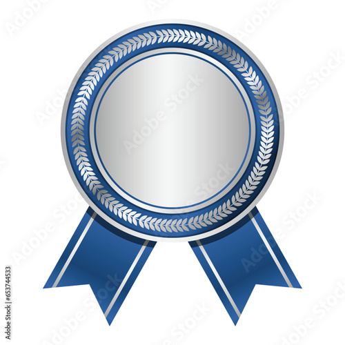 Silver medal with blue ribbon. Silver badge with blue ribbon. Blank silver medal. Champion and winner awards sports medal. Vector illustration