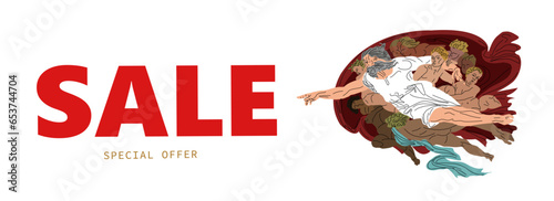 Christmas discount banner. Creative marketing. Divine sale. Reproduction of the painting in vector. God sells. To point with a finger