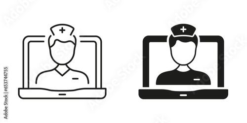 Online Medical Service in Laptop Line and Silhouette Black Icon Set. Physician Virtual Consultation. Telemedicine Healthcare Symbol Collection. Remote Doctor Man Sign. Isolated Vector Illustration