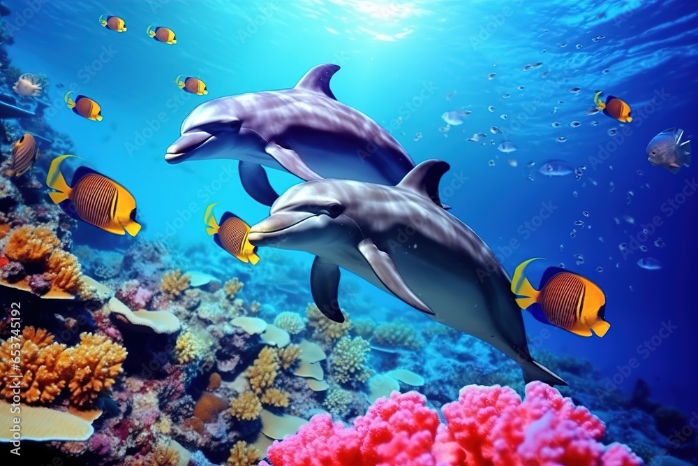 Fototapeta premium colorful tropical underwater theme with dolphins
