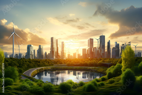 Sunset over City, big skyscraper with lake and trees. green city with wind turbines