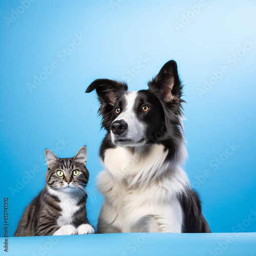 Paws and Whiskers  Tabby Cat and Border Collie Dog Against the Calm Blue Gradient Background