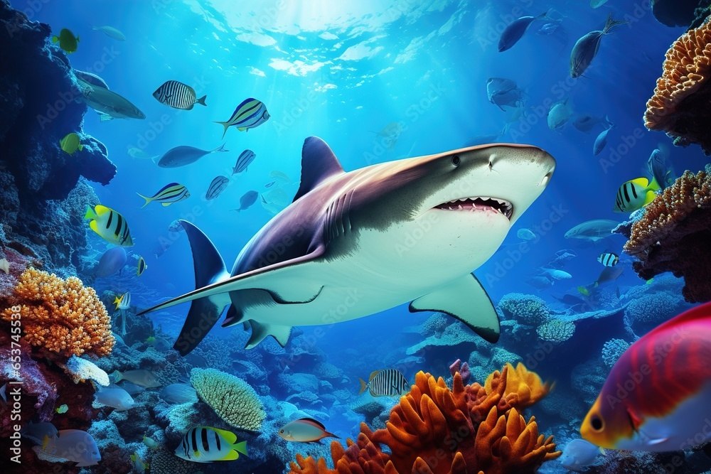 Fototapeta premium colorful tropical underwater shark theme near the reef