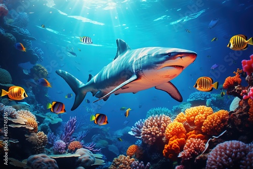 colorful tropical underwater shark theme near the reef