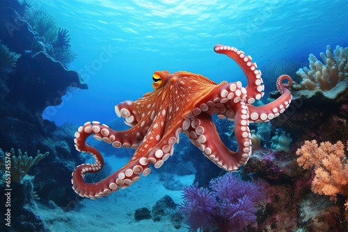 colorful tropical underwater theme octopus near the reef photo