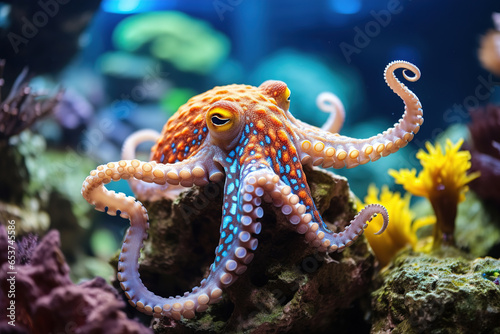 colorful tropical underwater theme octopus near the reef photo