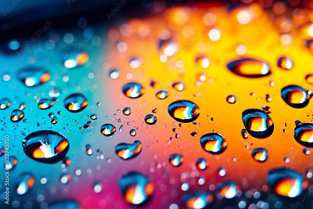 Realistic water droplets on the transparent window, colorful