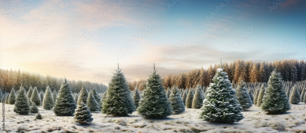 Christmas tree farm with organized rows of trees Stock Photo | Adobe Stock