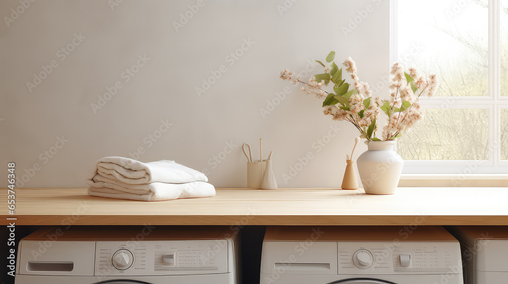 Empty light color table template for showing products on background of laundry room interior.  - obrazy, fototapety, plakaty 
