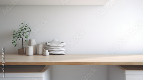 Empty light color table template for showing products on background of laundry room interior. 