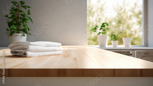 Empty light color table template for showing products on background of laundry room interior. 