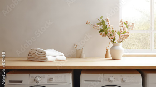Empty light color table template for showing products on background of laundry room interior. 