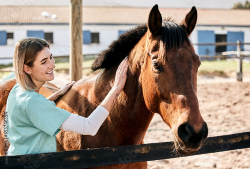 Tableau sur toile Horse doctor, care and smile at farm for health, care or happy with love for animal in nature