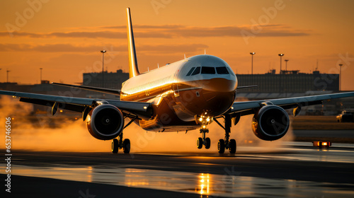 Commercial airplane taking off from the runway at sunset - air transport concept