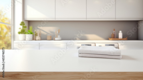 Minimal Empty light color table template for showing products on background of kitchen room interior.