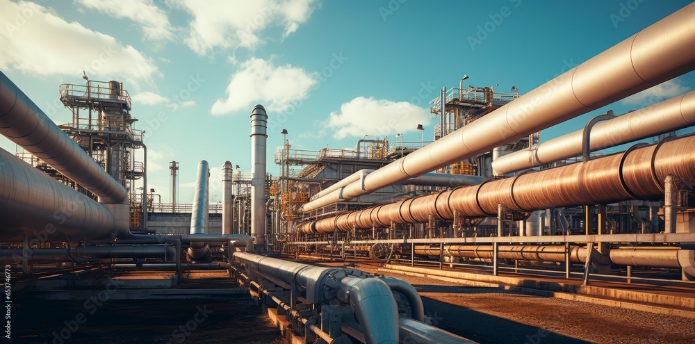 A modern petrochemical plant with Large oil pipeline and gas pipeline in the process of oil refining and the movement of oil and gas A modern petrochemical plant with Large oil pipeline and gas pipeline in the process of oil refining and the movement of oil and gas