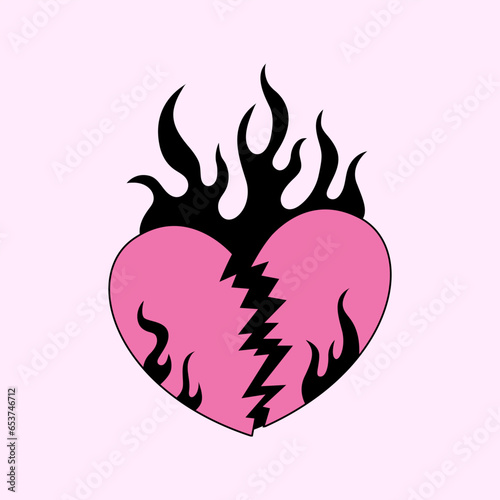 Abstract broken heart in fire. Symbol of love, break up, divorce in flame. Y2k emo goth clipart. Hand drawn vector illustration. Gothic tattoo design