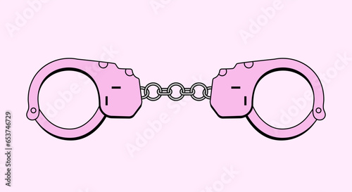 Metal pink handcuffs with chain. Vector clipart for emo, goth, punk design. Arrest, crime concept