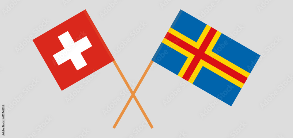 Crossed flags of Switzerland and Region of Aland. Official colors. Correct proportion