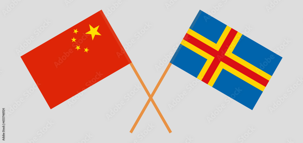 Crossed flags of China and Region of Aland. Official colors. Correct proportion