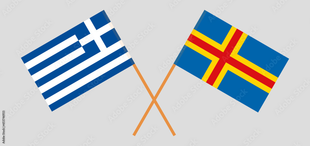 Crossed flags of Greece and Region of Aland. Official colors. Correct proportion