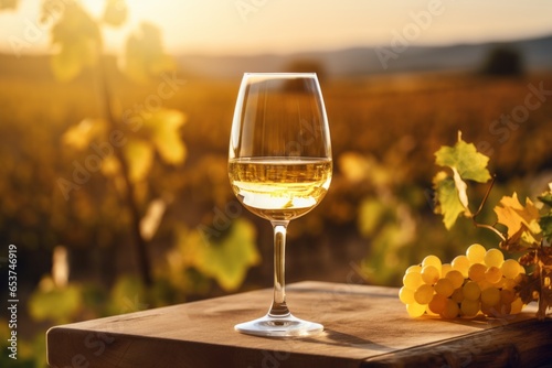 A glass of white wine on a wooden table in the middle of a vineyard at sunset. A bunch of ripe grapes nearby. Autumn atmosphere of grape harvest. Generative AI