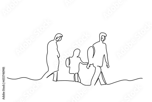 people family separation moving travel migration suitcase walking outside line art