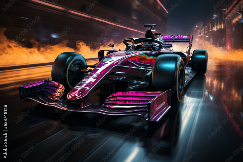 Colourful neon race car on the race track, Formula 1 at night competing made with AI