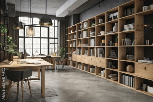 Office with open space, gray colors, wooden furniture, and bookshelves. Generative AI