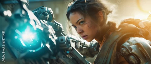 CU portrait of female military in futuristic outfit fighting holding sci-fi weapon. Battle in ruined city. Futuristic war concept. Selective focus.