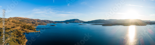Aerial sunset landscape panorama of Lake St Clair in Hunter Valley, NSW, Australia