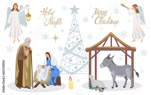 Set of cliparts of the nativity scene of the holy family with baby Jesus, Mary, Joseph in Bethlehem.Trumpeting angel and angel with lantern, Christmas tree, snowflakes, lettering.Vector