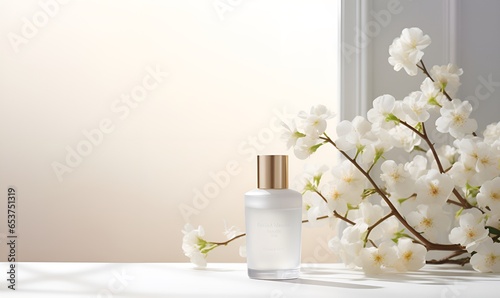 plain cosmetics and white flowers copy space, ai generative