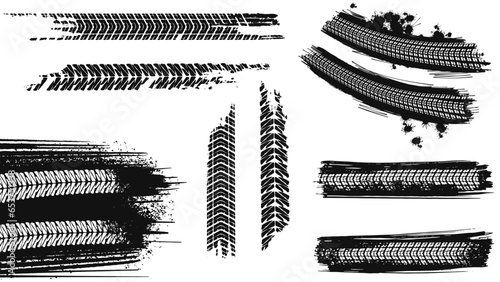 Car and motorcycle tire track vector set. Tire mark. Truck tread mark on the road concept. Vector tire mark from different tread type of car and moto wheel.