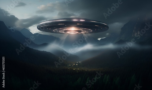 ufo with elevate beam in forest, ai generative photo
