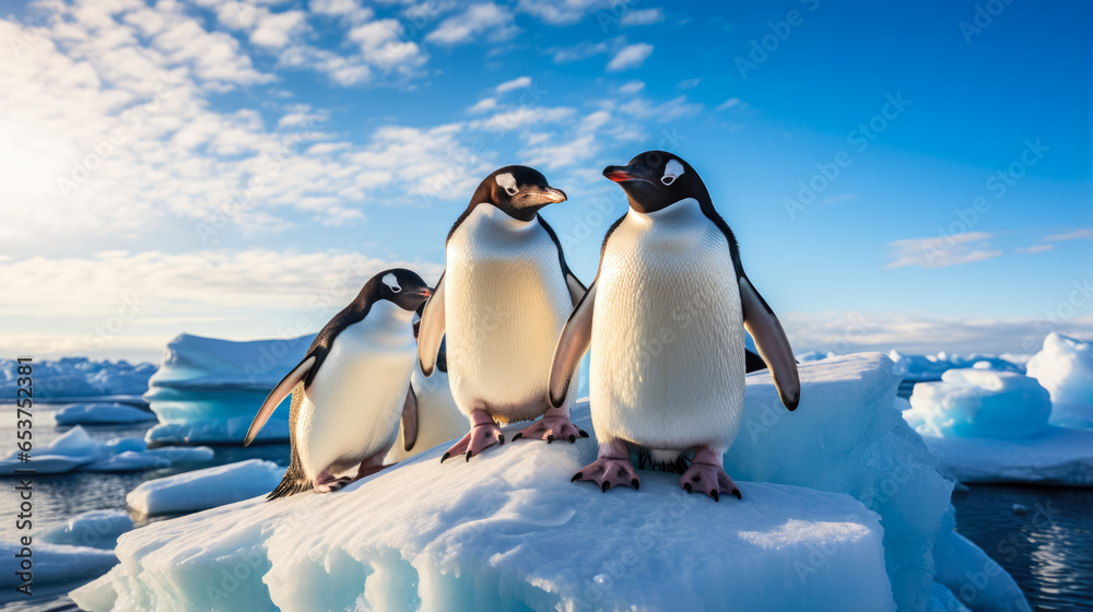 Penguins huddled together on gleaming Antarctic icebergs in vivid daylight 